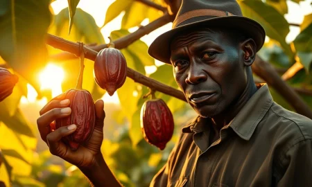 A cocoa farmer inspects pods as futures prices fall on improved supply outlook.