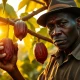 A cocoa farmer inspects pods as futures prices fall on improved supply outlook.
