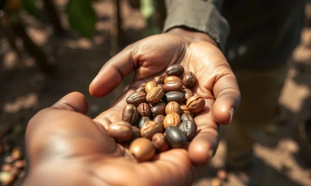 Cocoa beans being inspected, representing volatile commodity futures market.