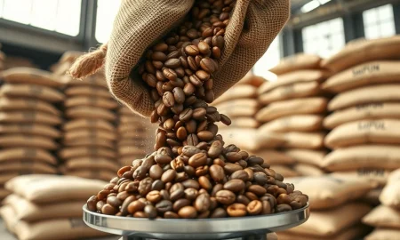 Cocoa beans being measured for export, representing market consolidation after large Ivory Coast purchases in March 2026.