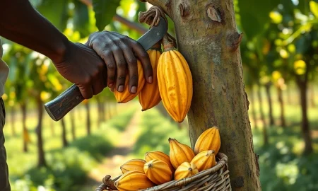 Cocoa farmer harvesting pods in Ivory Coast as prices consolidate after recent losses