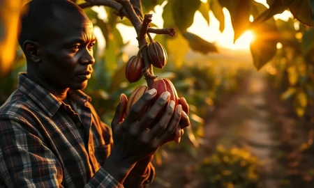 Cocoa pods on a tree in a plantation with a farmer's hands inspecting them.