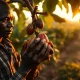 Cocoa pods on a tree in a plantation with a farmer's hands inspecting them.