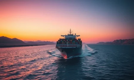 Cargo ship transiting the Strait of Hormuz, a critical chokepoint for global cocoa and commodity shipping routes in 2026.