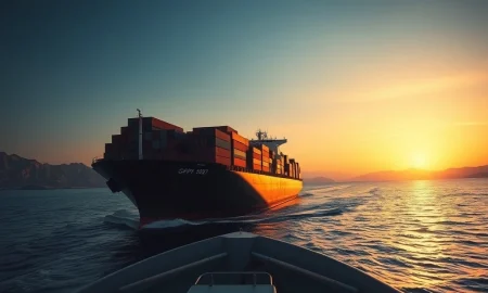 Cargo ship navigating Strait of Hormuz as cocoa shipping threats disrupt global supply chains in 2026