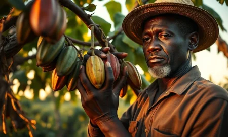 Cocoa pods on a tree in a plantation as prices decline in futures markets.
