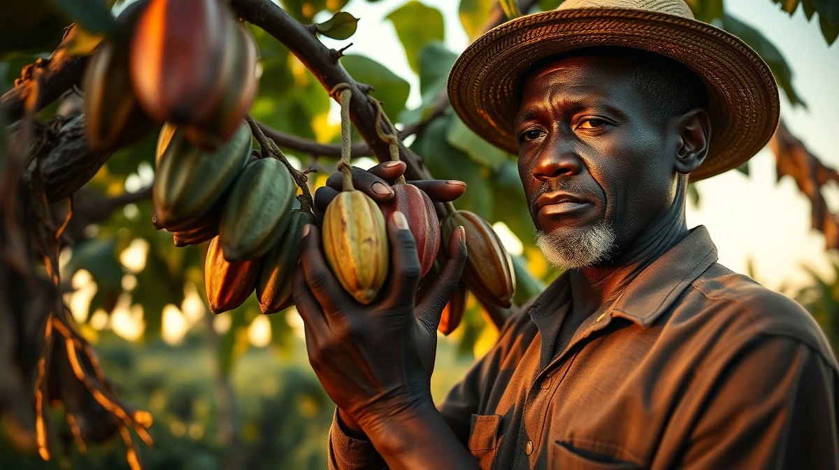 Cocoa pods on a tree in a plantation as prices decline in futures markets.