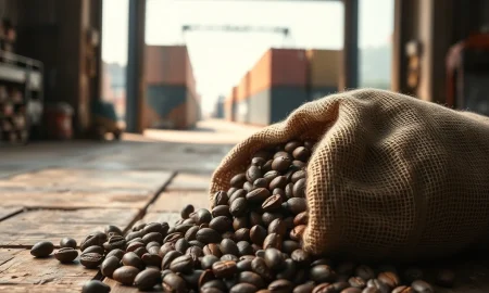 Cocoa beans spilling from sack in West African port warehouse, representing global cocoa supply chain and market volatility