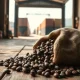 Cocoa beans spilling from sack in West African port warehouse, representing global cocoa supply chain and market volatility