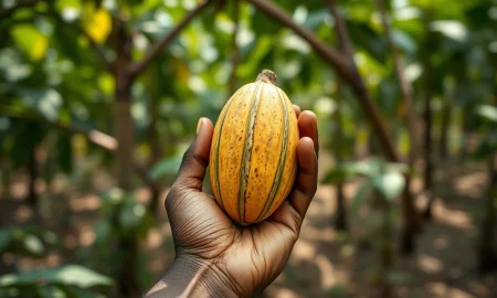 Cocoa farmer holding a ripe pod, representing the supply chain at the heart of volatile cocoa prices in 2026.