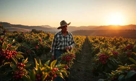 Coffee plantation in Brazil with ripe cherries on the trees.