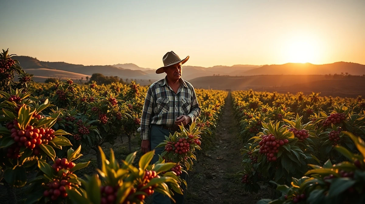 Coffee plantation in Brazil with ripe cherries on the trees.