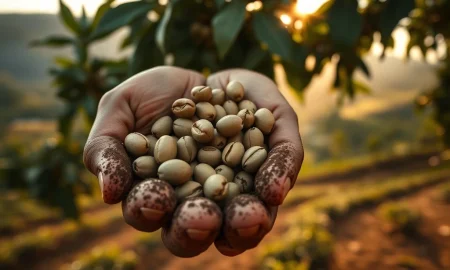 Coffee prices fall as a farmer holds green beans in Brazil, highlighting weather and supply factors.