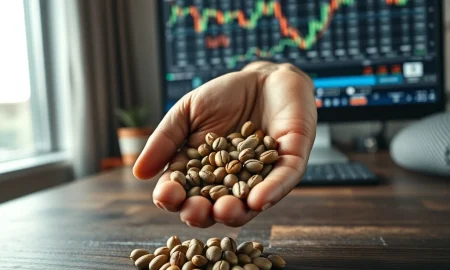 Coffee prices fall as a trader examines green coffee beans on a trading desk.