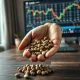 Coffee prices fall as a trader examines green coffee beans on a trading desk.