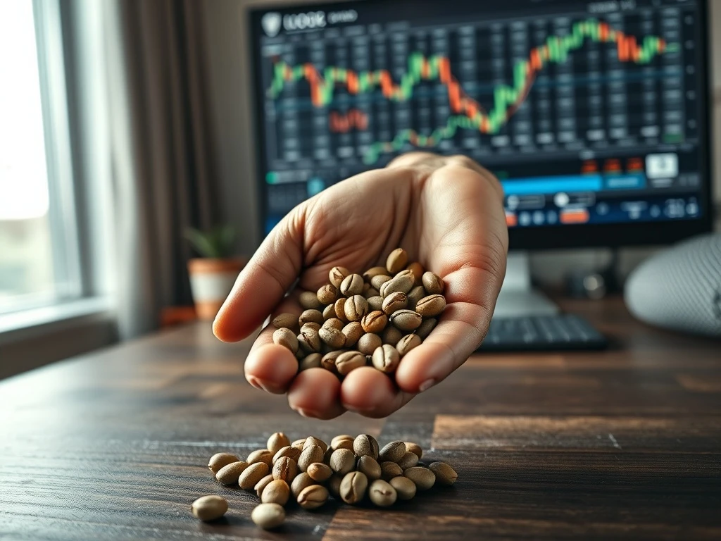 Coffee prices fall as a trader examines green coffee beans on a trading desk.