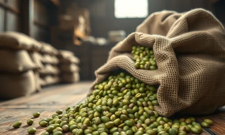 Coffee prices fall as global supply outlook shifts, shown by green coffee beans spilling from a sack.