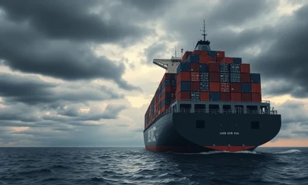 Cargo ship at sea representing global coffee trade and shipping disruption.