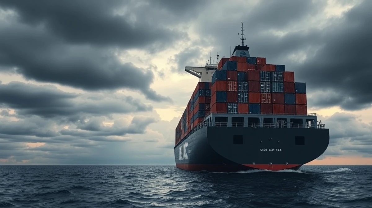 Cargo ship at sea representing global coffee trade and shipping disruption.