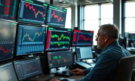 Commodity trader monitors coffee futures prices on a financial trading desk.
