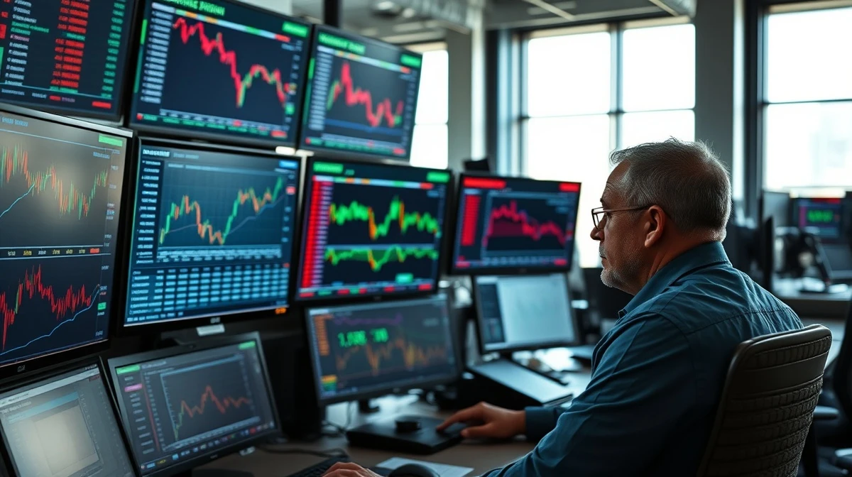 Commodity trader monitors coffee futures prices on a financial trading desk.