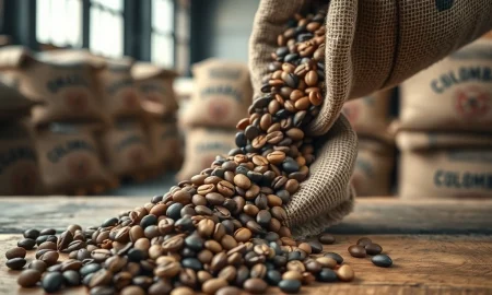 Coffee beans poured from a sack representing global supply chain pressures and rising coffee prices in March 2026.