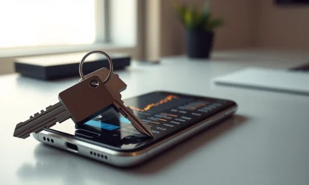 A house key on a phone showing crypto charts, representing Coinbase and Better.com's new crypto-backed mortgage product.