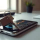 A house key on a phone showing crypto charts, representing Coinbase and Better.com's new crypto-backed mortgage product.