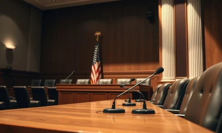 A formal congressional hearing room with witness table and microphones, representing upcoming crypto regulation discussions.