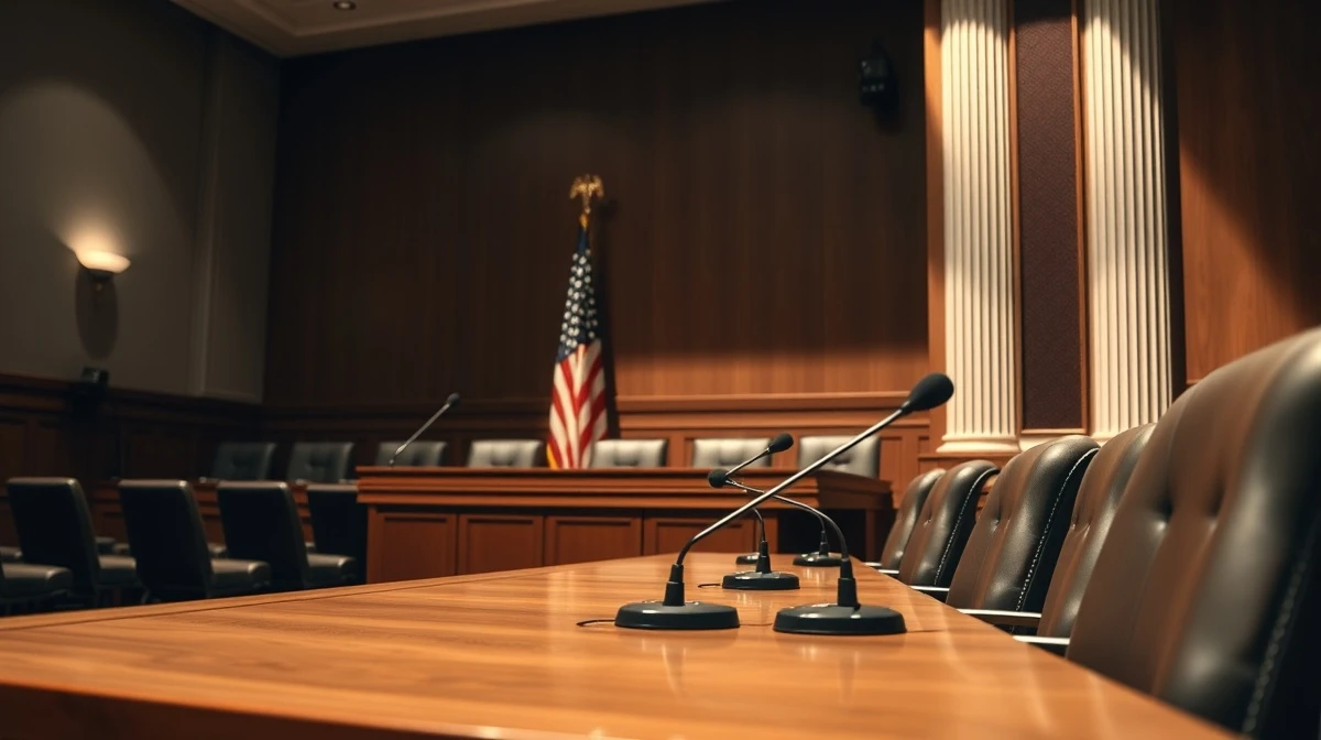 A formal congressional hearing room with witness table and microphones, representing upcoming crypto regulation discussions.