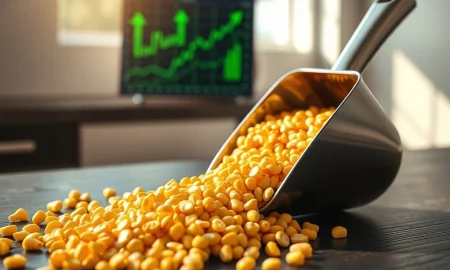 Corn futures market rally with golden corn kernels representing agricultural commodity trading surge