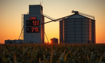 Corn futures and crude oil prices decline as shown on a grain elevator price board.