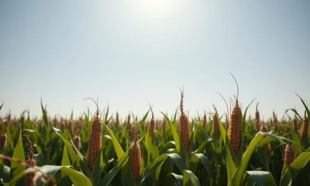 A cornfield under a clear sky, representing the agricultural commodity market.