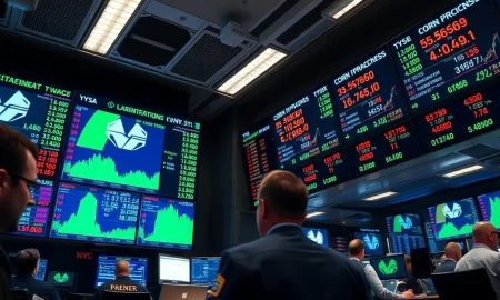 A trading screen displays falling corn futures prices on a financial terminal.