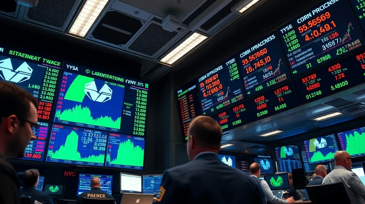 A trading screen displays falling corn futures prices on a financial terminal.