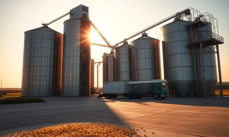 Corn futures market analysis with grain elevator representing agricultural commodity trading