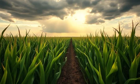 Corn field under watchful sky representing July 2024 corn futures rally and weather market.