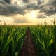 Corn field under watchful sky representing July 2024 corn futures rally and weather market.