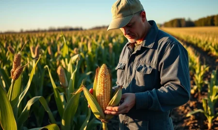 Farmer examining corn in field during March 2026 commodity market rally