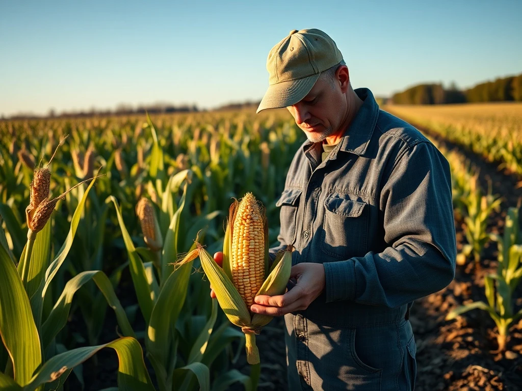 Farmer examining corn in field during March 2026 commodity market rally