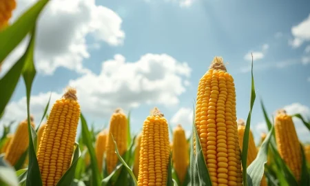 Golden corn cobs in a field, representing the agricultural commodity market rally discussed in the article.