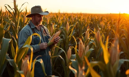 Farmer examining corn in field during USDA report week, corn futures market analysis
