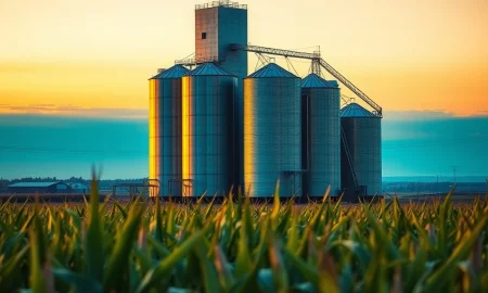 Corn futures market analysis with grain elevator and agricultural landscape representing commodity trading