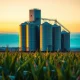 Corn futures market analysis with grain elevator and agricultural landscape representing commodity trading