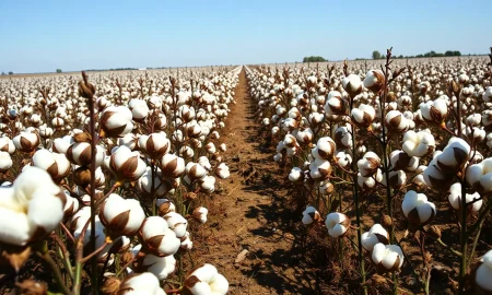A cotton field under a clear sky, representing the agricultural commodity market.