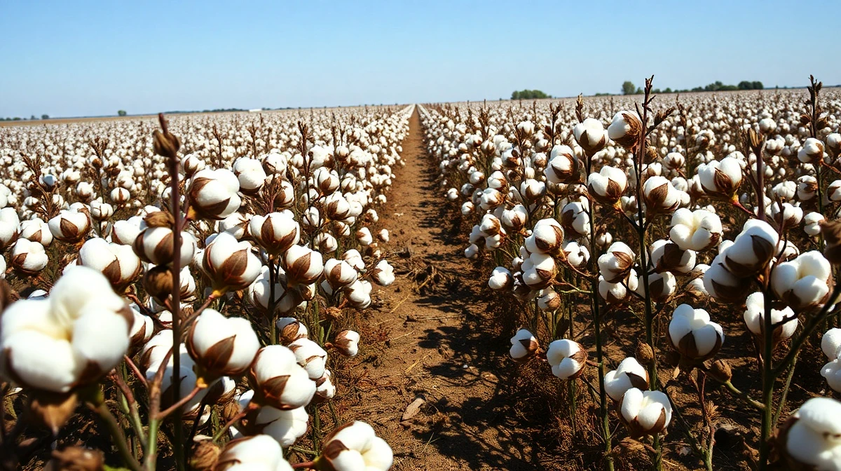 A cotton field under a clear sky, representing the agricultural commodity market.