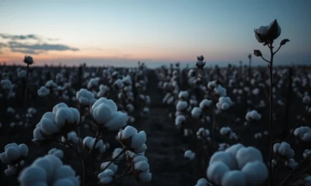 Cotton field at dusk with bolls, representing commodity market movements.