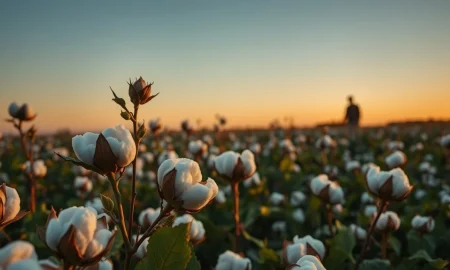 Cotton field with bolls representing agricultural commodity futures trading.