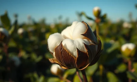 Cotton bolls in a field representing the commodity's midday futures price gains on March 9, 2026.