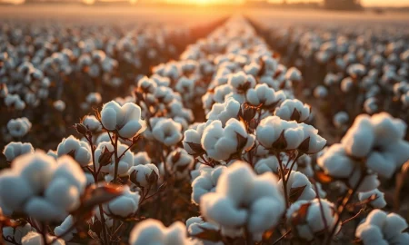 Cotton bolls in a field with soft morning light, representing commodity market movements.
